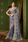 Monjolika Fashion Grey Color Shining Satin Georgette Saree With Heavy Work Blouse - Distacart