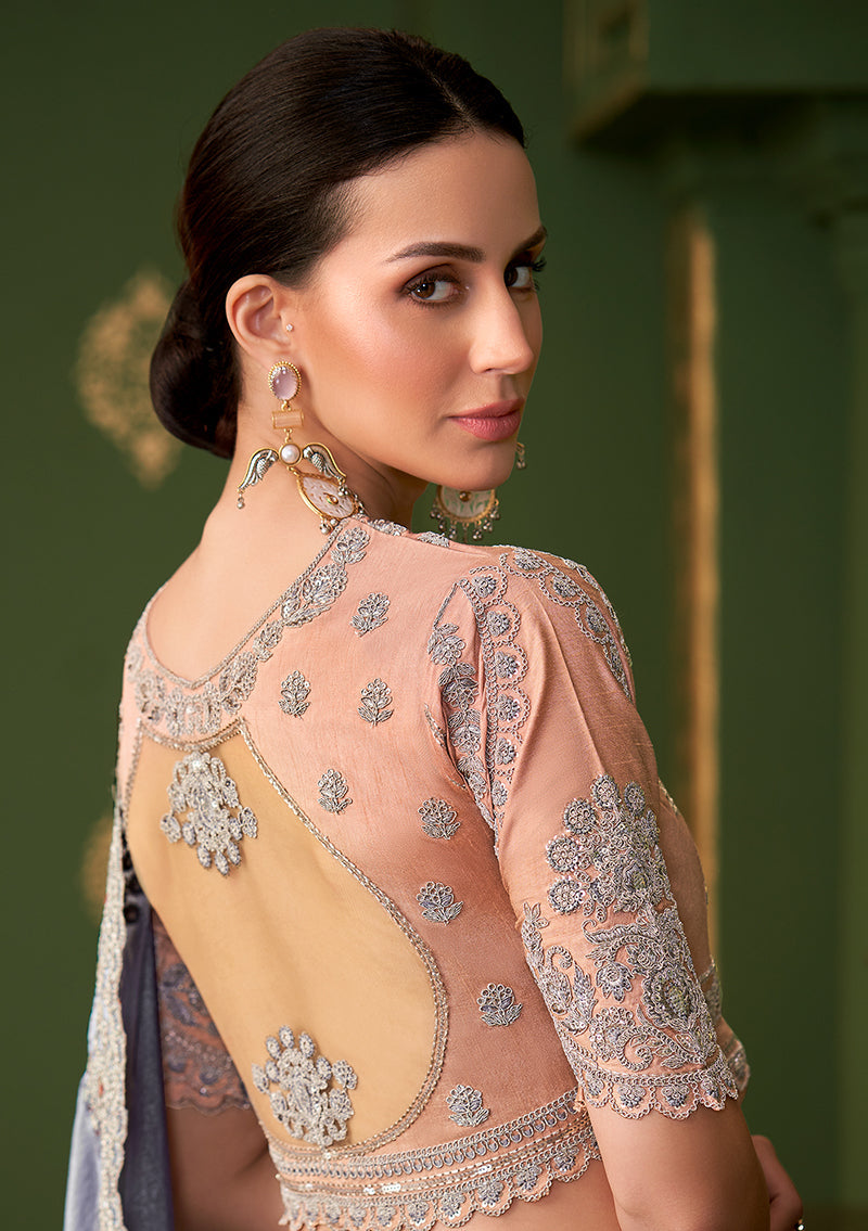 Monjolika Fashion Grey Color Shining Satin Georgette Saree With Heavy Work Blouse - Distacart