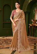 Monjolika Fashion Gold Beige Color Shining Satin Chiffon Silk Saree With Heavy Work Blouse - Distacart