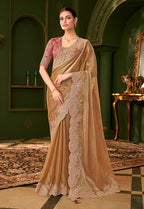 Monjolika Fashion Gold Beige Color Shining Satin Chiffon Silk Saree With Heavy Work Blouse - Distacart