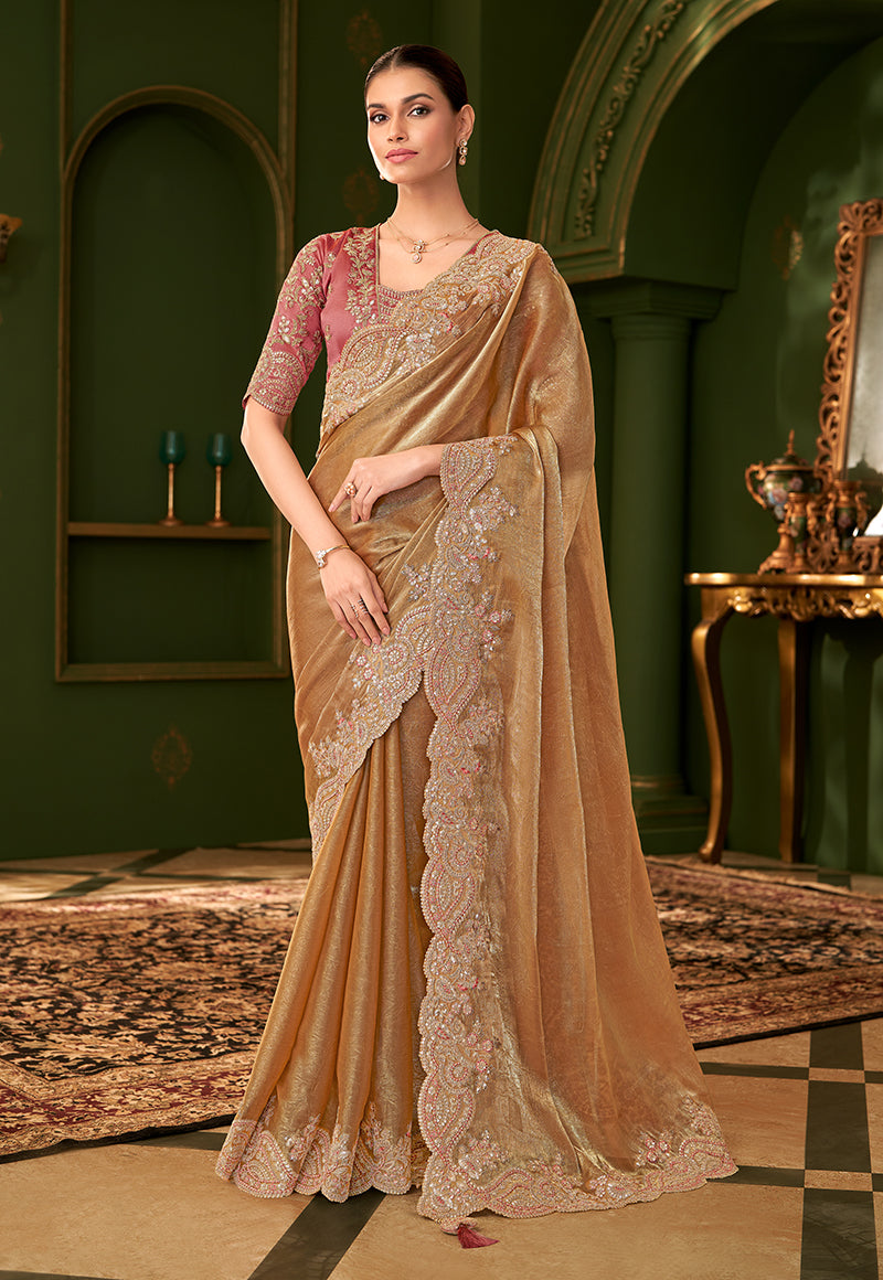 Monjolika Fashion Gold Beige Color Shining Satin Chiffon Silk Saree With Heavy Work Blouse - Distacart