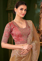 Monjolika Fashion Gold Beige Color Shining Satin Chiffon Silk Saree With Heavy Work Blouse - Distacart