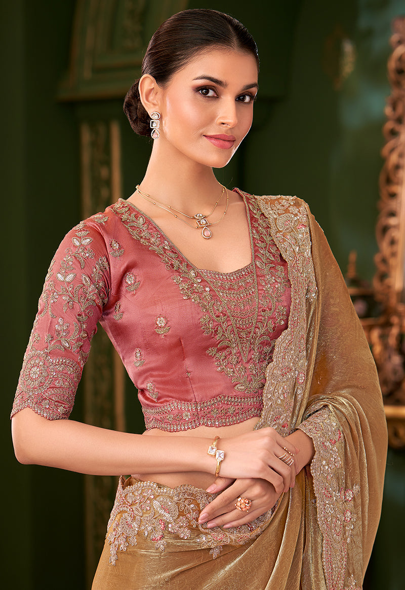 Monjolika Fashion Gold Beige Color Shining Satin Chiffon Silk Saree With Heavy Work Blouse - Distacart