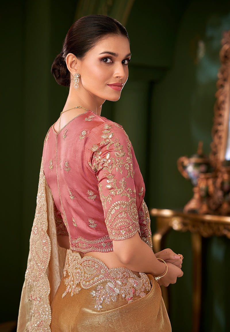 Monjolika Fashion Gold Beige Color Shining Satin Chiffon Silk Saree With Heavy Work Blouse - Distacart