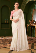Monjolika Fashion White Color Shining Georgette Silk Saree With Heavy Work Blouse - Distacart