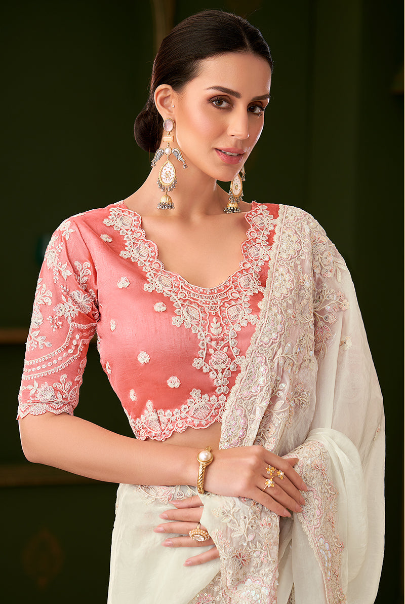 Monjolika Fashion White Color Shining Georgette Silk Saree With Heavy Work Blouse - Distacart
