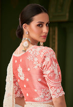 Monjolika Fashion White Color Shining Georgette Silk Saree With Heavy Work Blouse - Distacart
