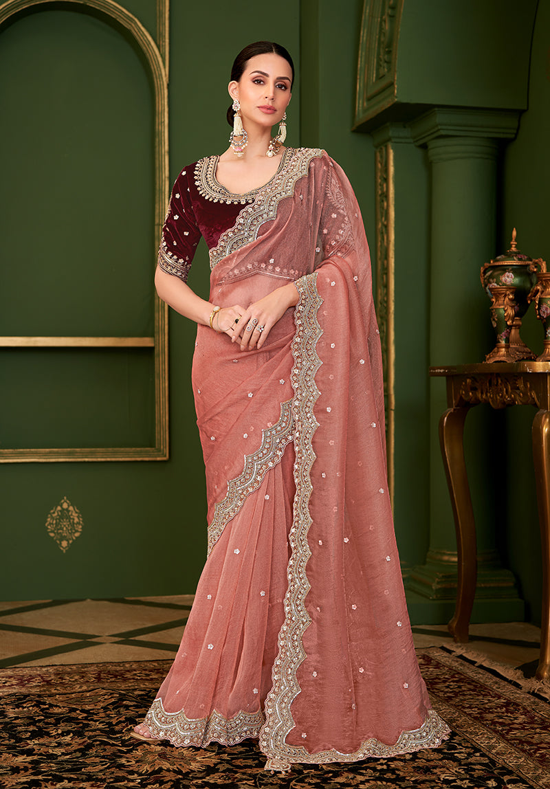 Monjolika Fashion Peach Color Tissue Georgette Silk Saree With Heavy Work Blouse - Distacart