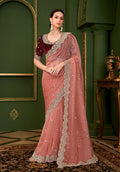 Monjolika Fashion Peach Color Tissue Georgette Silk Saree With Heavy Work Blouse - Distacart