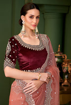 Monjolika Fashion Peach Color Tissue Georgette Silk Saree With Heavy Work Blouse - Distacart