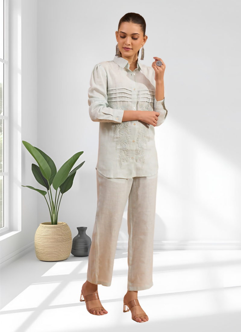 Joban Fashion Powder Blue Linen Embroidered Readymade Cord Set - Distacart