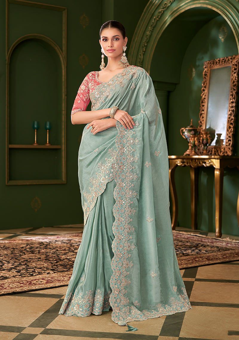 Monjolika Fashion Sky Blue Color Viscose Georgette Silk Saree With Heavy Work Blouse - Distacart