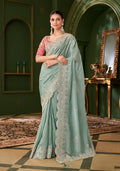 Monjolika Fashion Sky Blue Color Viscose Georgette Silk Saree With Heavy Work Blouse - Distacart