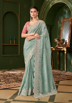 Monjolika Fashion Sky Blue Color Viscose Georgette Silk Saree With Heavy Work Blouse - Distacart