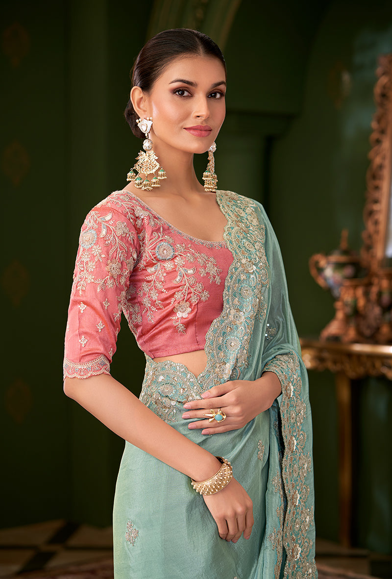 Monjolika Fashion Sky Blue Color Viscose Georgette Silk Saree With Heavy Work Blouse - Distacart