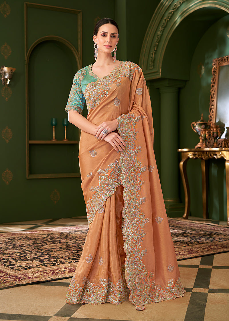 Monjolika Fashion Light Orange Color Georgette Silk Saree With Heavy Work Blouse - Distacart