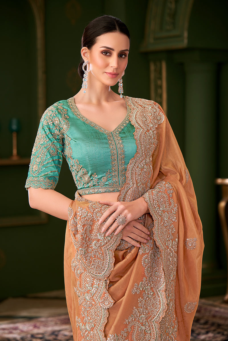 Monjolika Fashion Light Orange Color Georgette Silk Saree With Heavy Work Blouse - Distacart