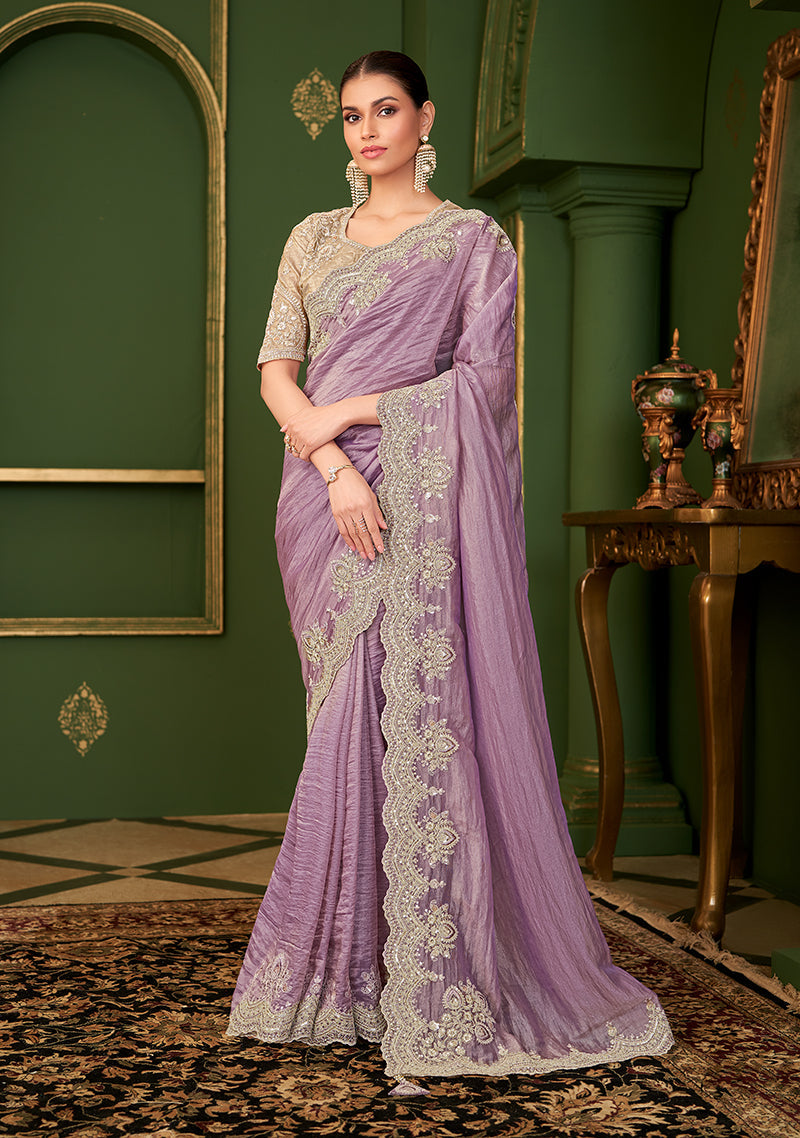 Monjolika Fashion Lavender Color Viscose Georgette Silk Saree With Heavy Work Blouse - Distacart