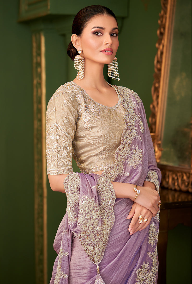 Monjolika Fashion Lavender Color Viscose Georgette Silk Saree With Heavy Work Blouse - Distacart