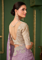 Monjolika Fashion Lavender Color Viscose Georgette Silk Saree With Heavy Work Blouse - Distacart