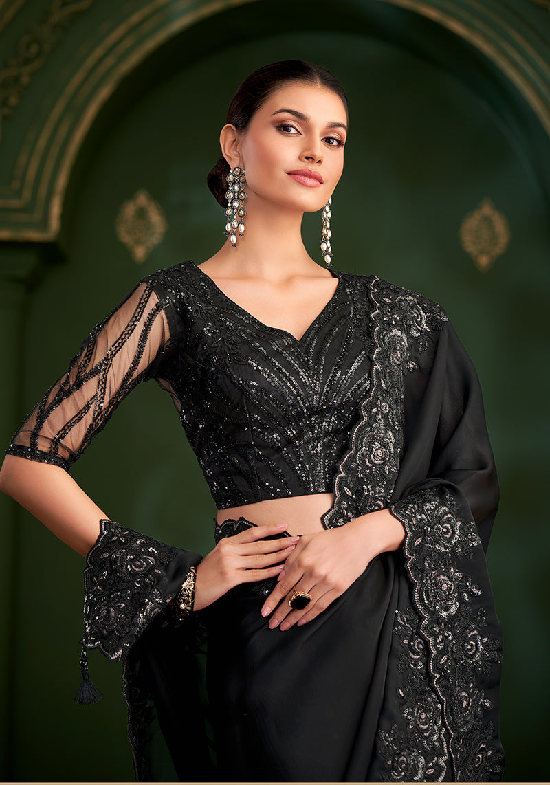 Monjolika Fashion Black Color Satin Georgette Saree With Heavy Work Blouse - Distacart