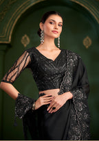 Monjolika Fashion Black Color Satin Georgette Saree With Heavy Work Blouse - Distacart