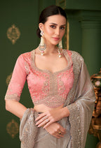 Monjolika Fashion Chiku Color Satin Georgette Saree With Heavy Work Blouse - Distacart