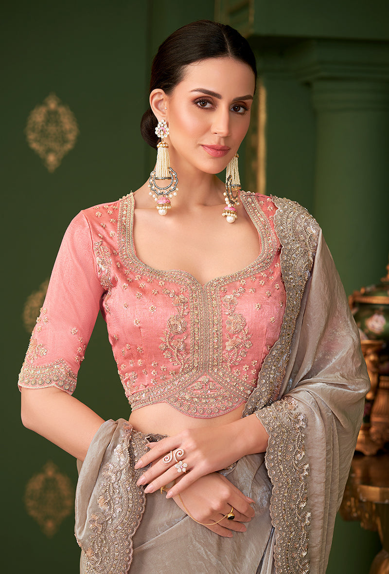 Monjolika Fashion Chiku Color Satin Georgette Saree With Heavy Work Blouse - Distacart