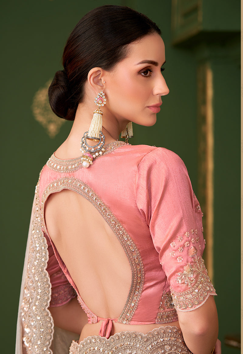 Monjolika Fashion Chiku Color Satin Georgette Saree With Heavy Work Blouse - Distacart