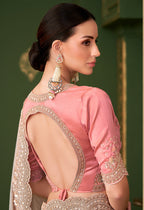 Monjolika Fashion Chiku Color Satin Georgette Saree With Heavy Work Blouse - Distacart