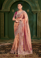 Monjolika Fashion Peach Color Shaded Georgette Saree With Heavy Work Blouse - Distacart