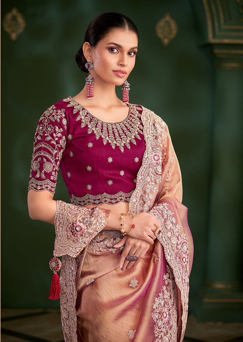 Monjolika Fashion Peach Color Shaded Georgette Saree With Heavy Work Blouse - Distacart
