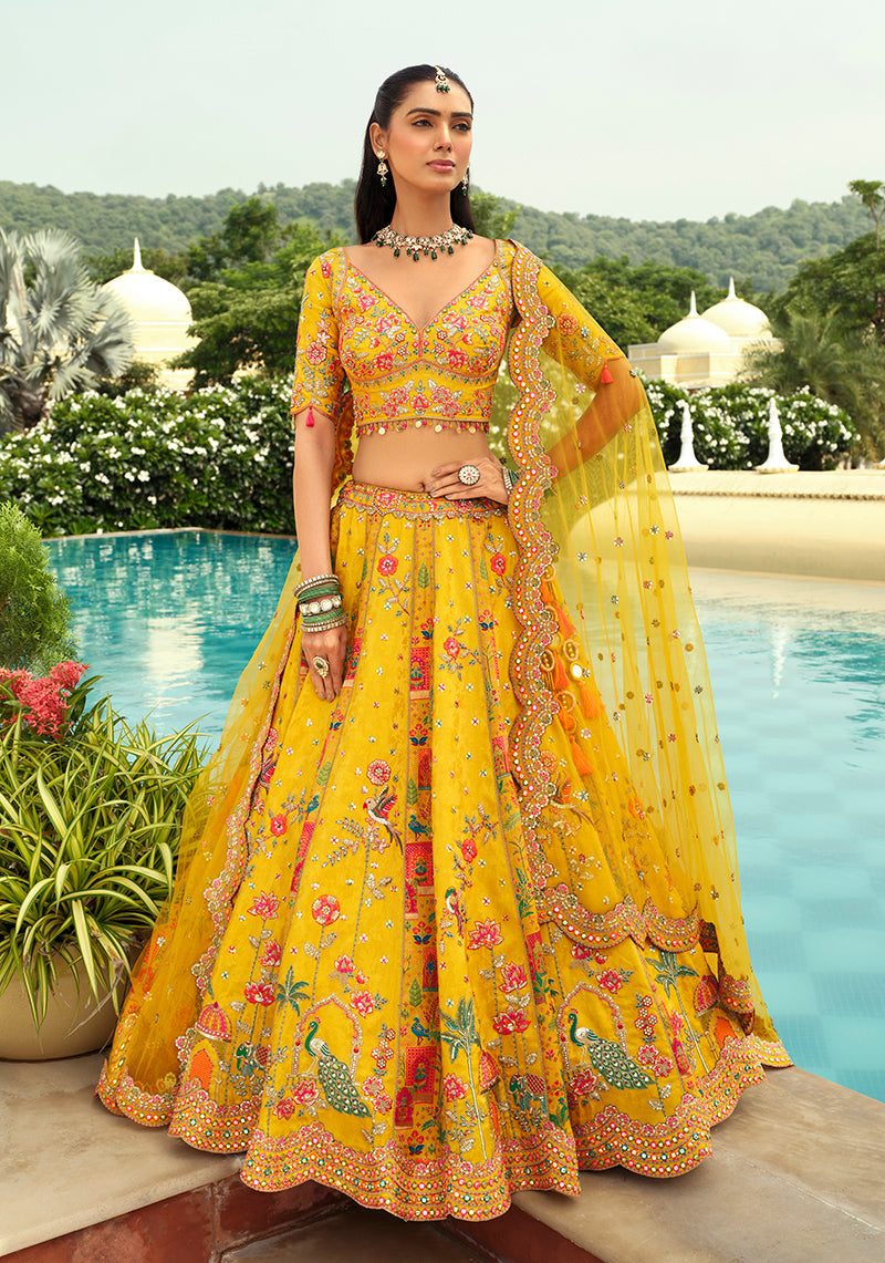 Monjolika Fashion Readymade Lehenga Choli Heavy Work Embroidered Silk In Yellow