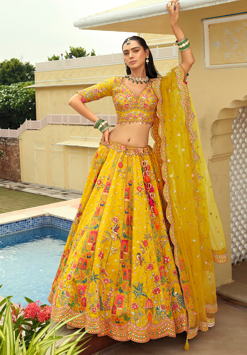 Monjolika Fashion Readymade Lehenga Choli Heavy Work Embroidered Silk In Yellow