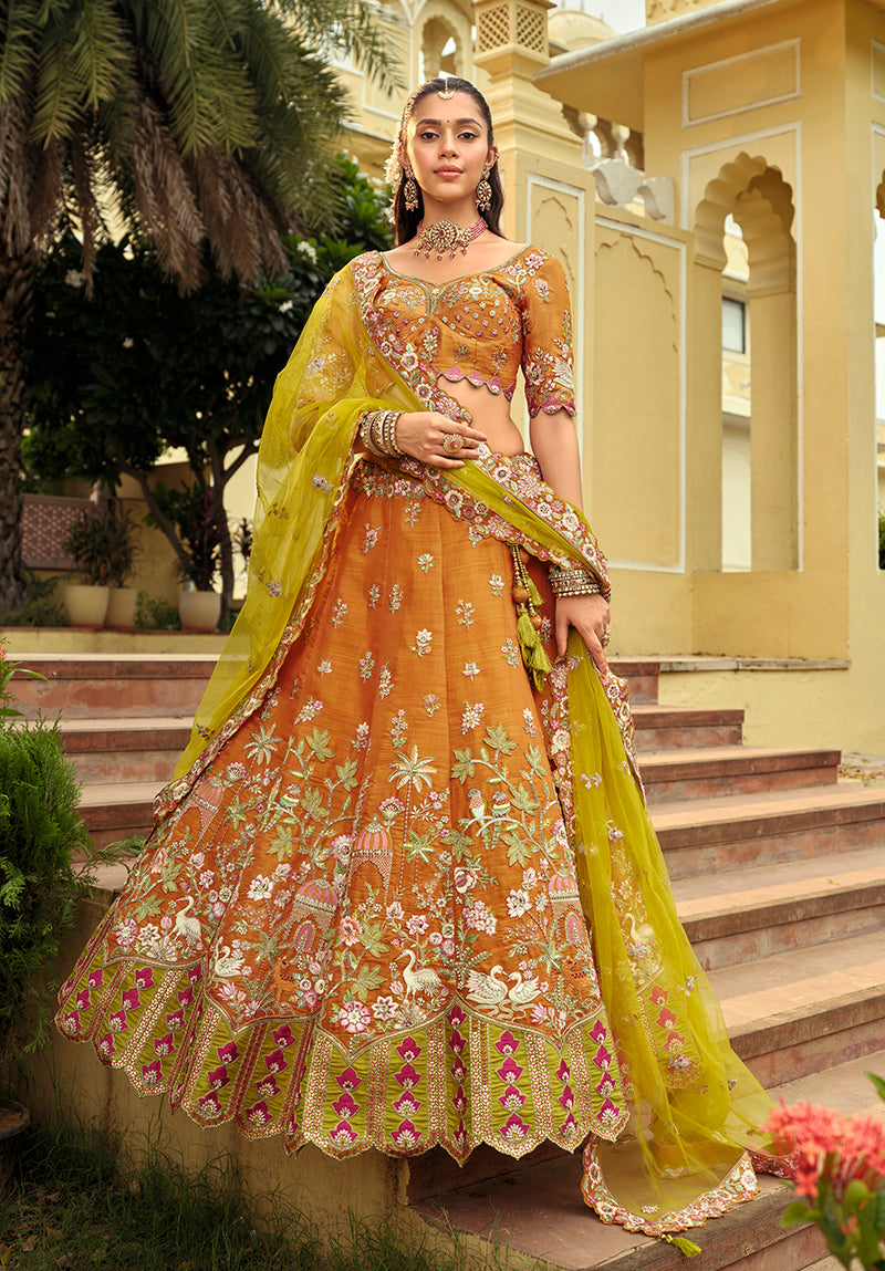Monjolika Fashion Readymade Lehenga Choli Heavy Work Embroidered Silk In Amber - Distacart