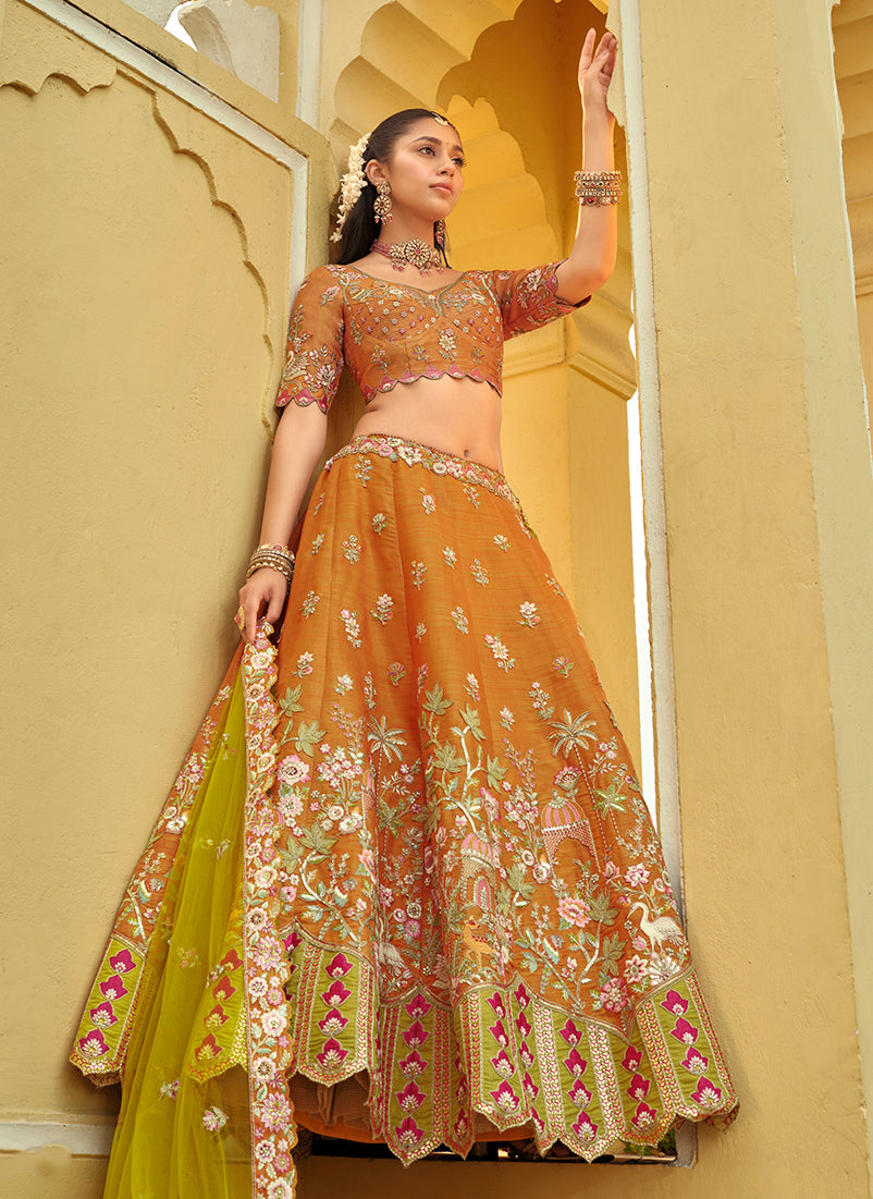 Monjolika Fashion Readymade Lehenga Choli Heavy Work Embroidered Silk In Amber - Distacart
