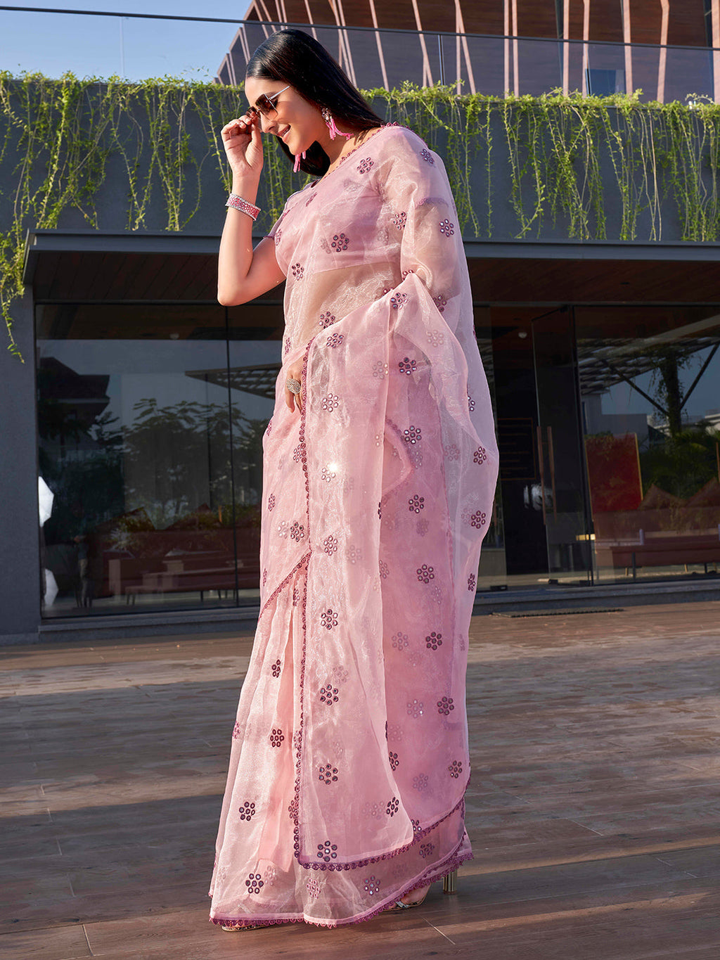 Tikhi Imli Floral Mirror Work Organza Saree - Distacart