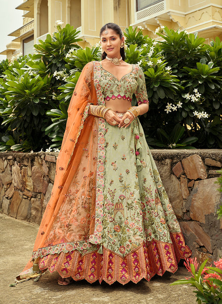 Monjolika Fashion Readymade Lehenga Choli Heavy Work Embroidered Silk In Pastel Green