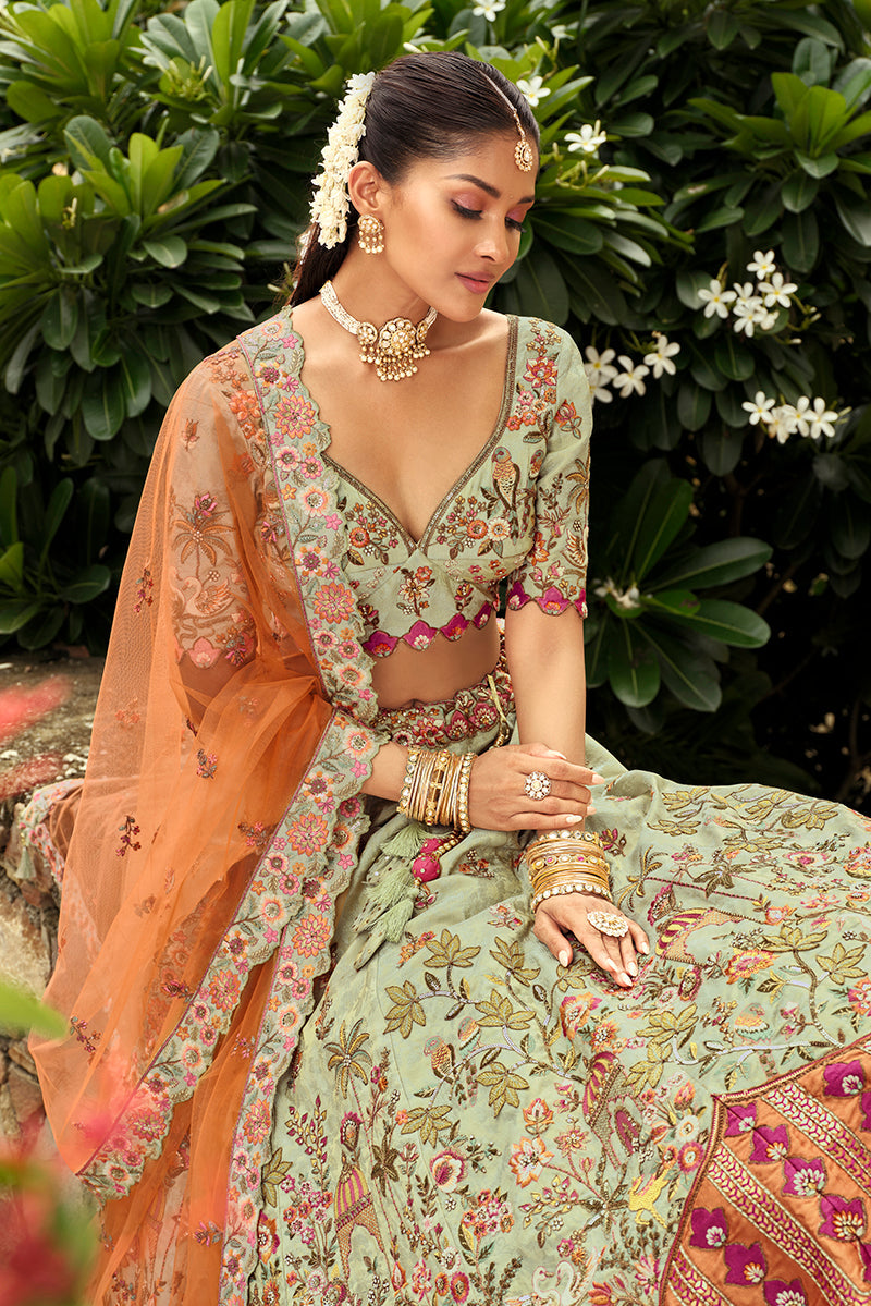 Monjolika Fashion Readymade Lehenga Choli Heavy Work Embroidered Silk In Pastel Green