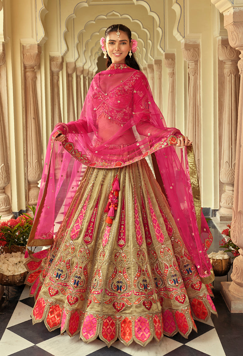 Monjolika Fashion Readymade Lehenga Choli Heavy Work Embroidered Silk In Olive Green