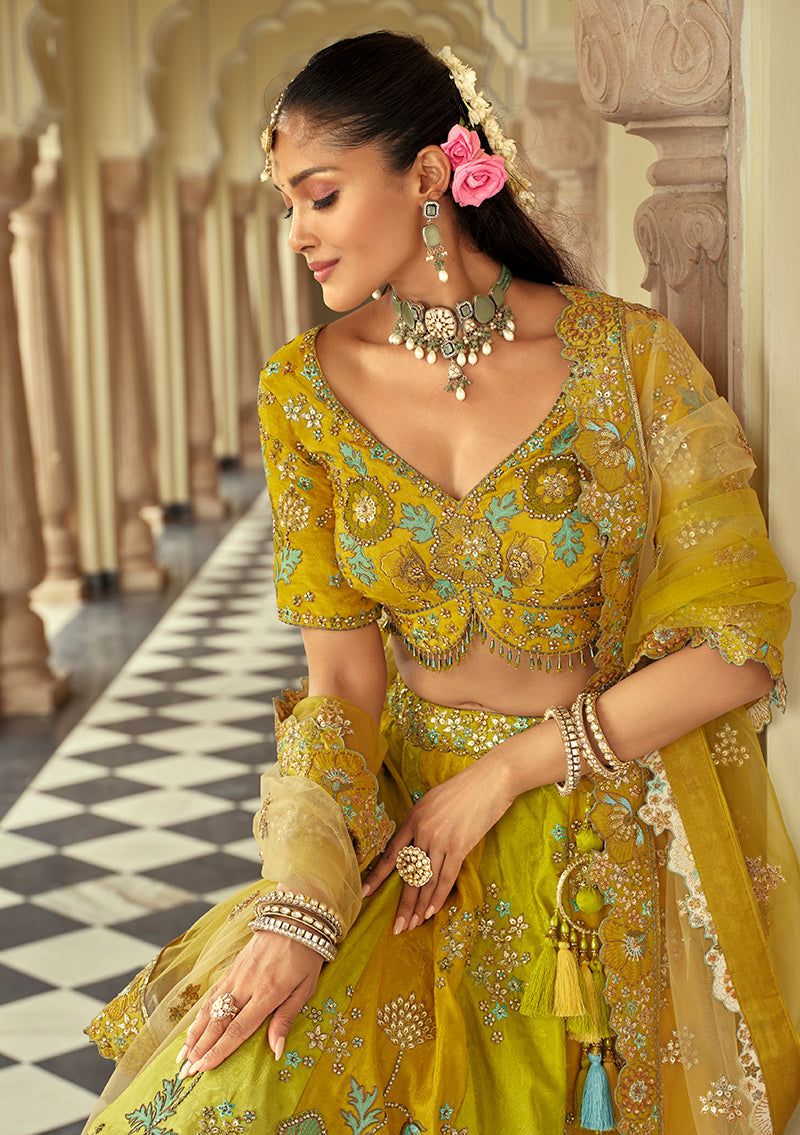 Monjolika Fashion Readymade Lehenga Choli Heavy Work Embroidered Silk In Lemon - Distacart