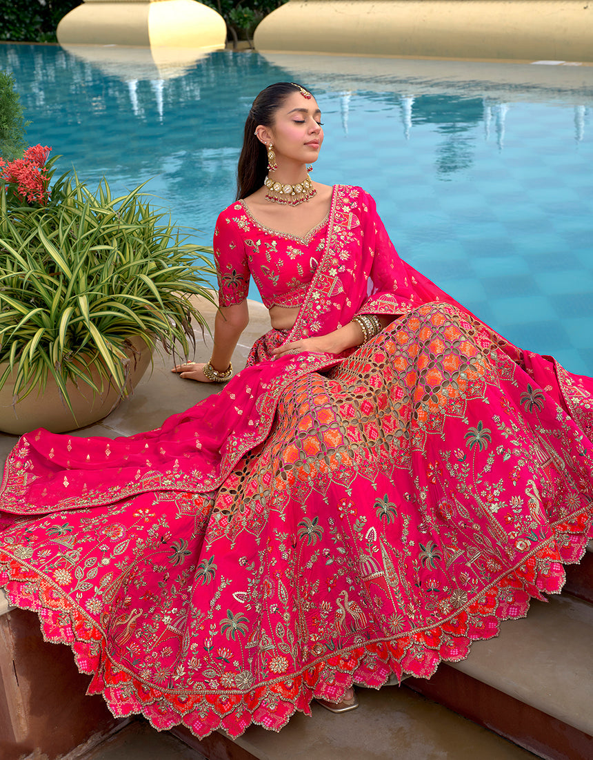 Monjolika Fashion Rani Pink Designer Embroidered Work Fancy Silk Wedding Lehenga Choli - Distacart