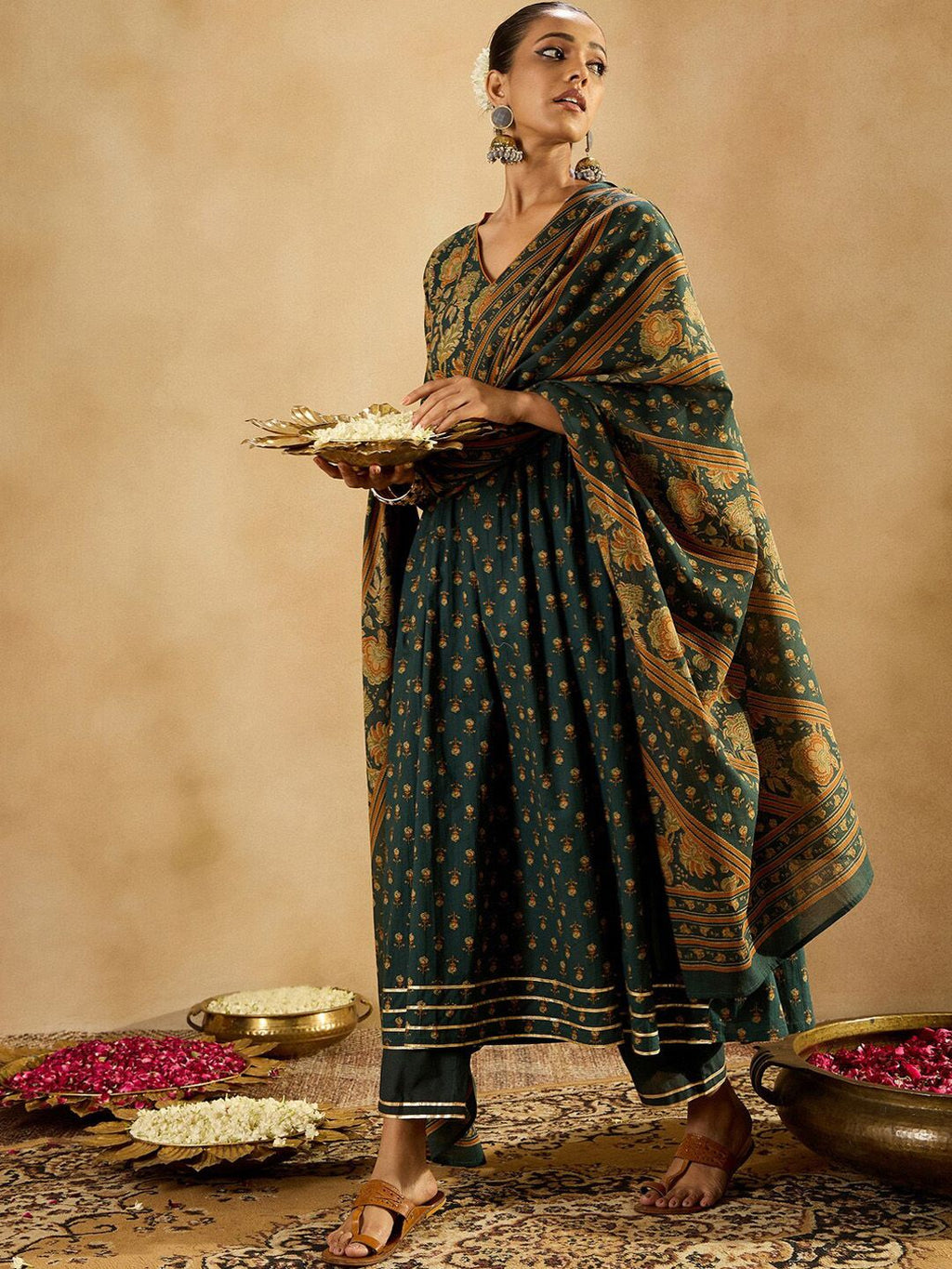 Indo Era Floral Printed Empire Pure Cotton A-Line Kurta With Trousers & Dupatta - Distacart
