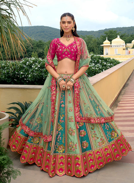 Monjolika Fashion Sea Green Designer Embroidered Work Fancy Silk Wedding Lehenga Choli