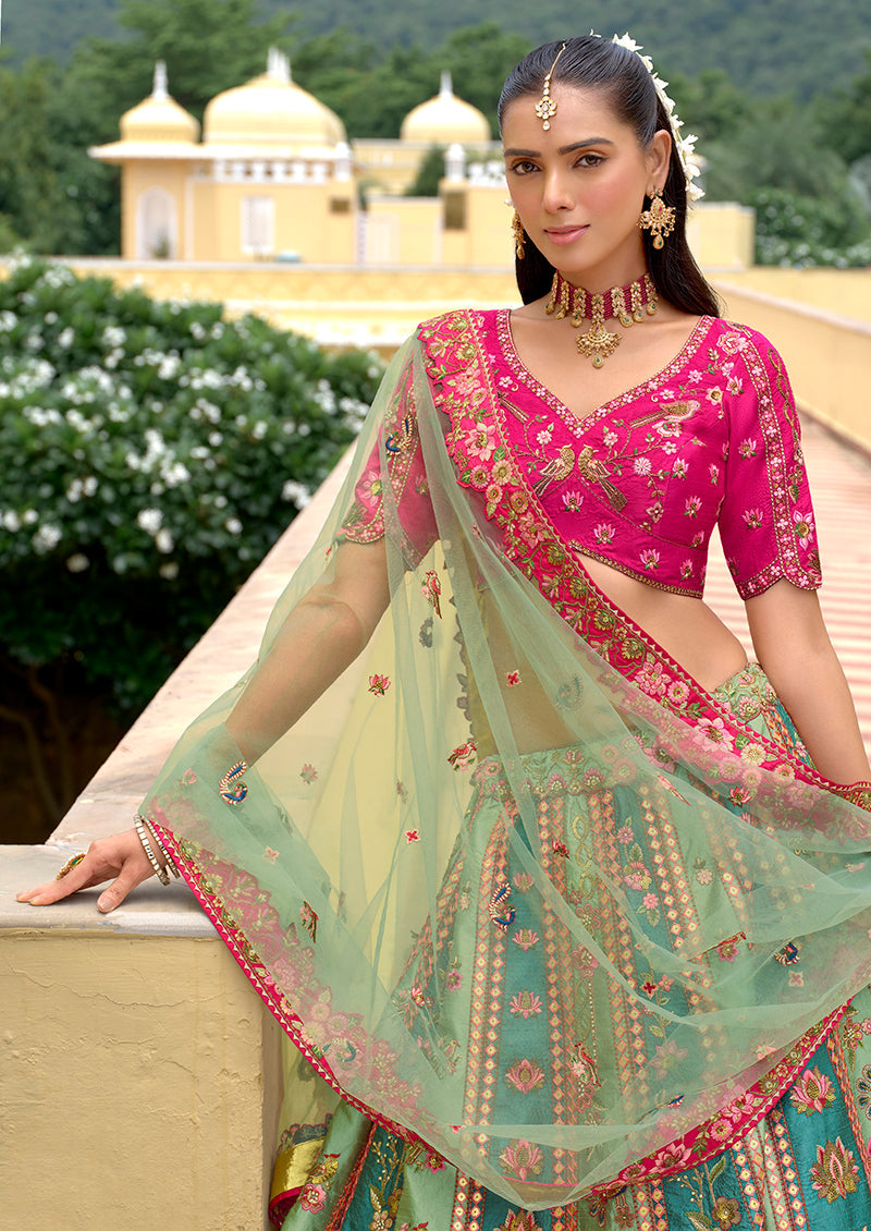 Monjolika Fashion Sea Green Designer Embroidered Work Fancy Silk Wedding Lehenga Choli - Distacart