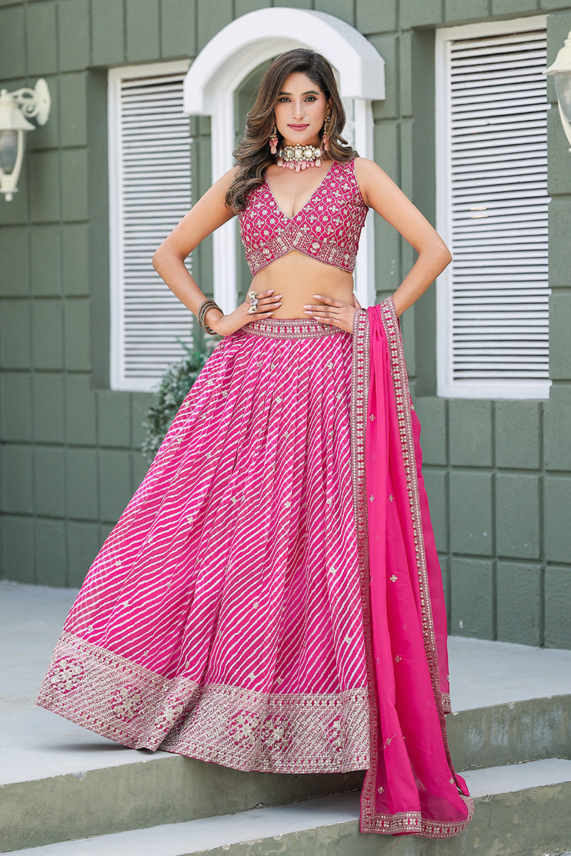 Monjolika Fashion Rani Pink Leheriya Print With Embroidered Faux Georgette Lehenga Choli - Distacart