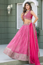 Monjolika Fashion Rani Pink Leheriya Print With Embroidered Faux Georgette Lehenga Choli - Distacart