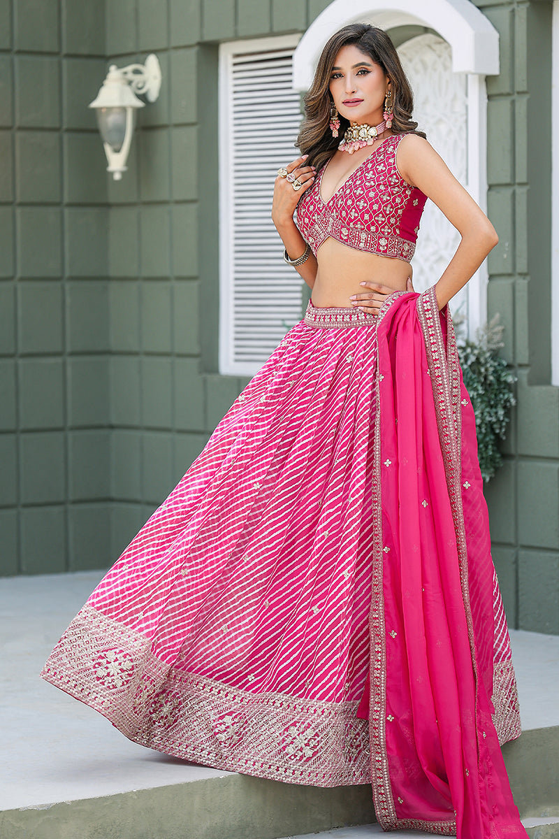 Monjolika Fashion Rani Pink Leheriya Print With Embroidered Faux Georgette Lehenga Choli - Distacart