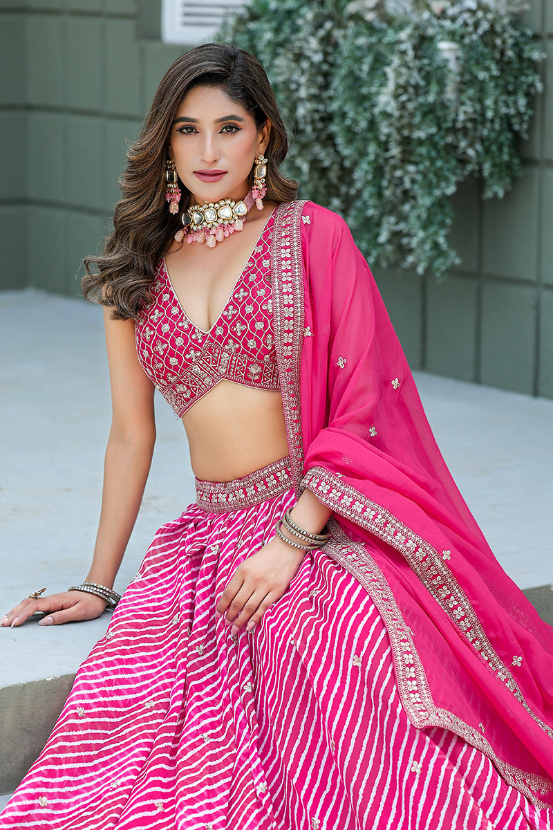 Monjolika Fashion Rani Pink Leheriya Print With Embroidered Faux Georgette Lehenga Choli - Distacart