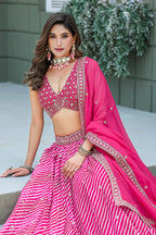 Monjolika Fashion Rani Pink Leheriya Print With Embroidered Faux Georgette Lehenga Choli - Distacart